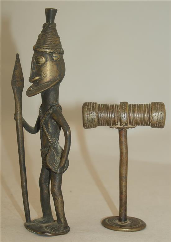 A Benin bronze figure of a warrior, 4.5in.